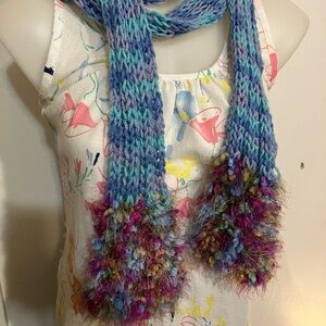 New hand knit long scarf with glittered frilly ends 84” long!! Perfect to wrap